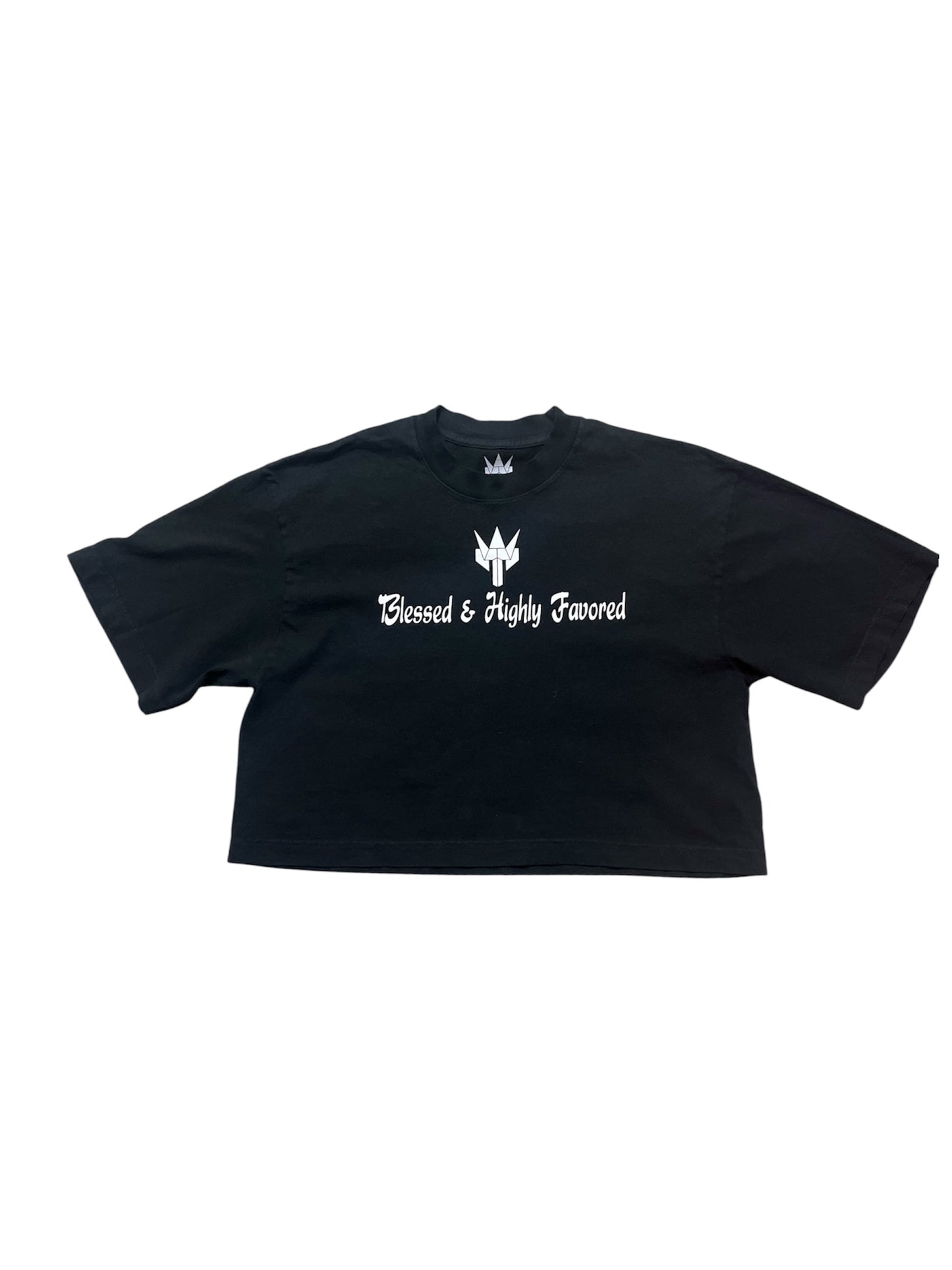 Woman Crop Tykikus Logo Blessed and Highly Favored Tee