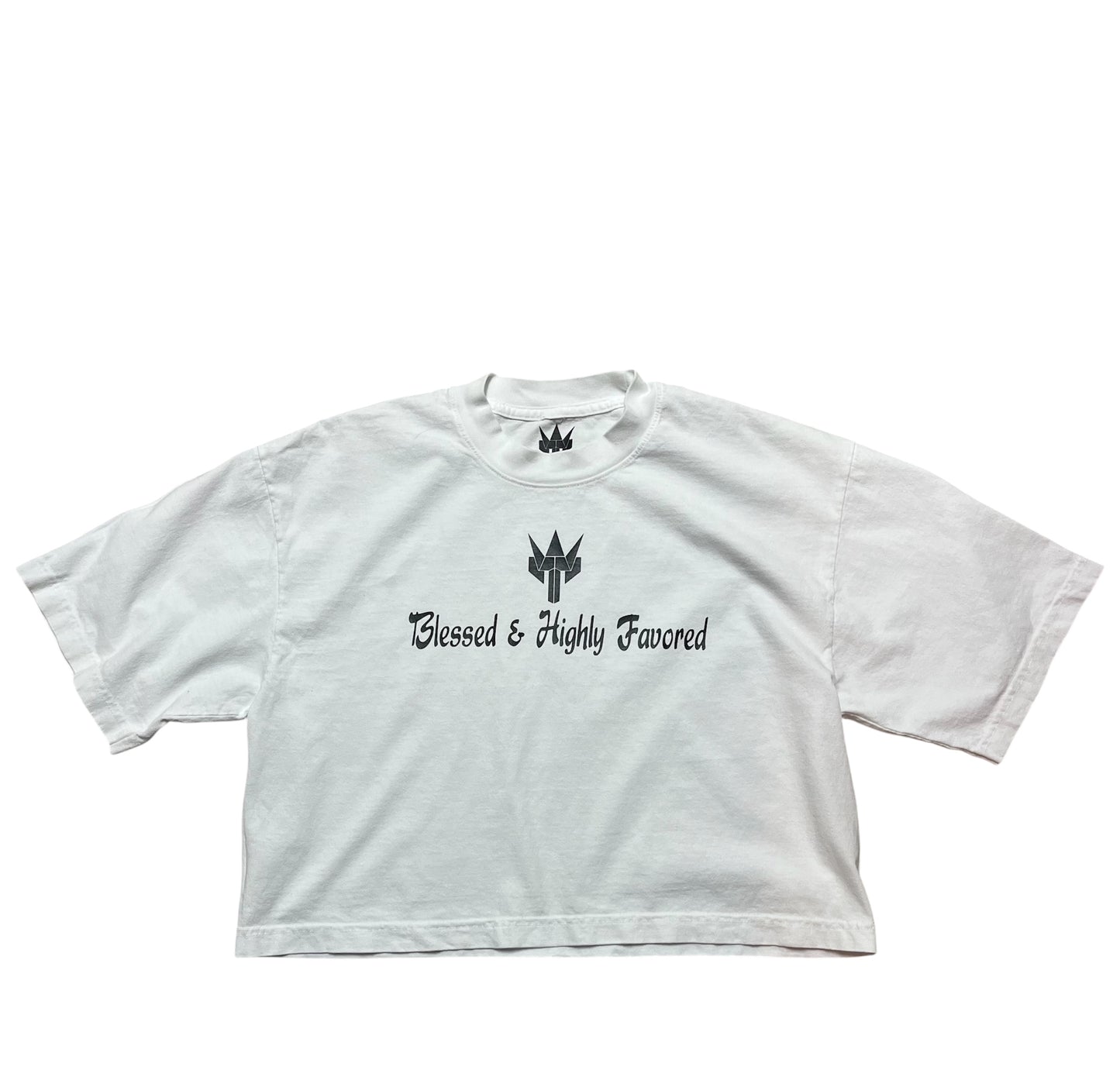 Woman Crop Tykikus Logo Blessed and Highly Favored Tee