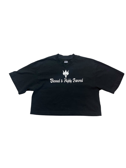 Woman Crop Tykikus Logo Blessed and Highly Favored Tee