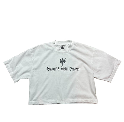 Woman Crop Tykikus Logo Blessed and Highly Favored Tee